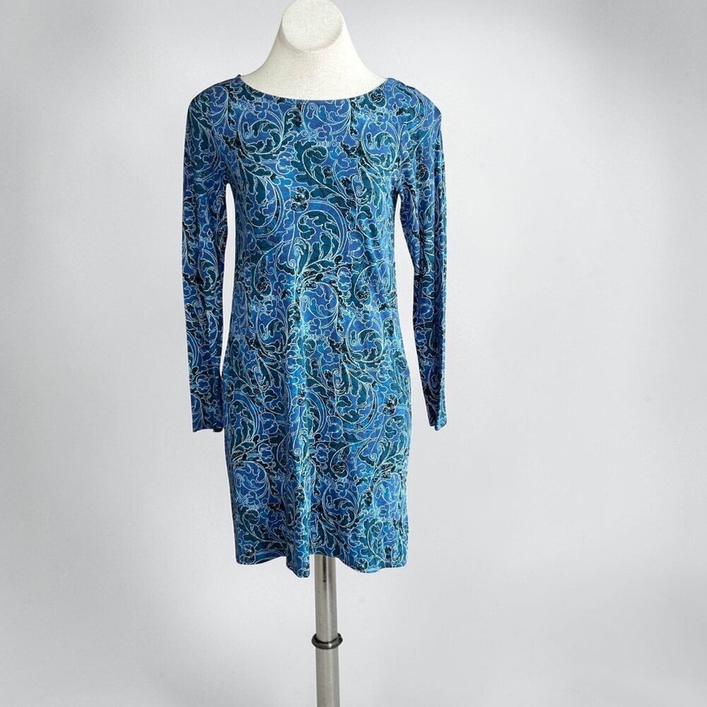 Peruvian Connection Dress Blue Paisley Long Sleeve Pima Cotton Size XS